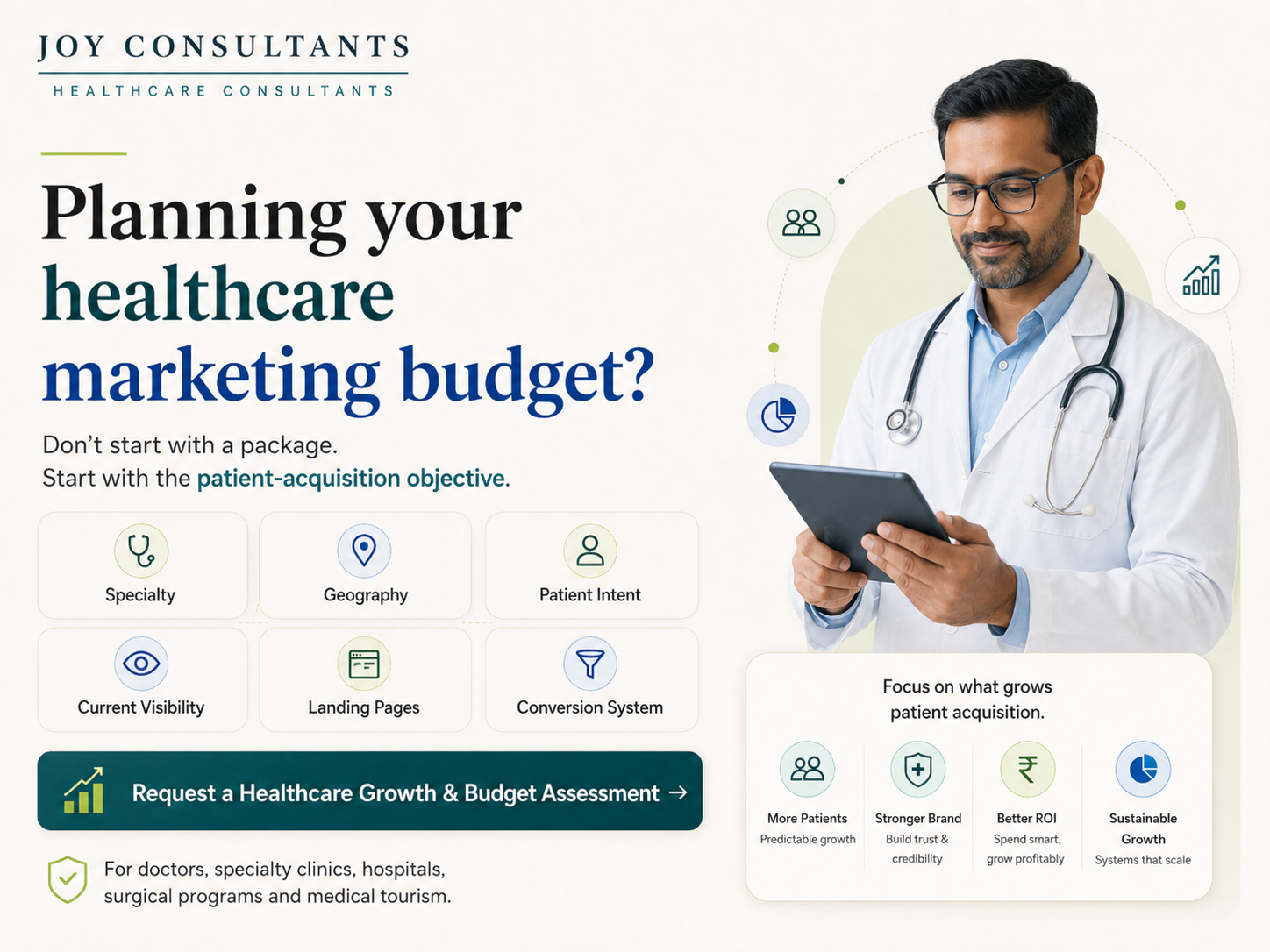 Healthcare growth and digital marketing budget assessment for doctors clinics hospitals surgical programs and medical tourism